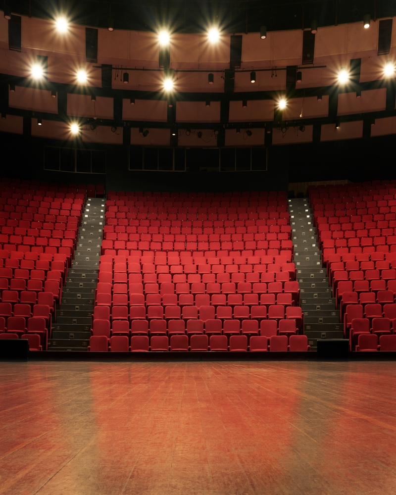 Blick von einer Theaterb&uuml;hne in einen leeren Publikumssaal