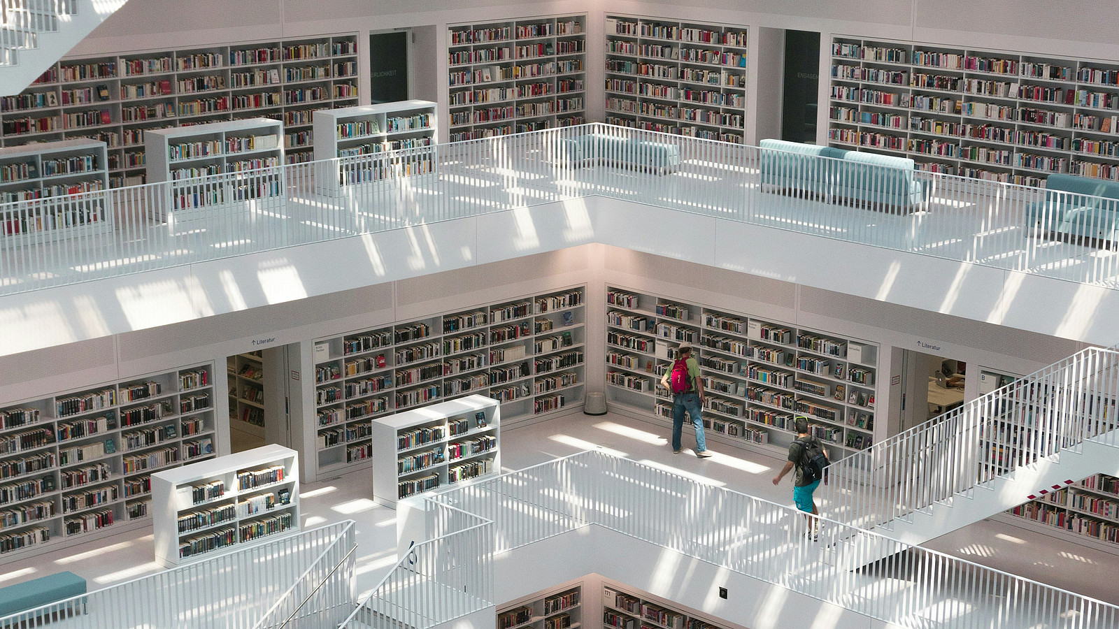 Library spanning across multiple levels with light flooding through the windows